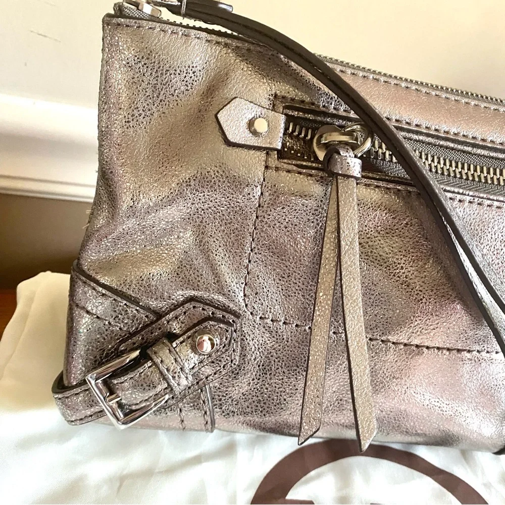 Michael Kors Fallon Metallic gray leather Wristlet Clutch with dust bag NWOT